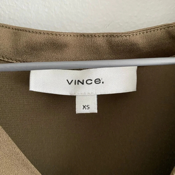 VINCE 100% Silk Bronze Green Flowy V-Neck Shirt Size XS - Picture 2 of 11